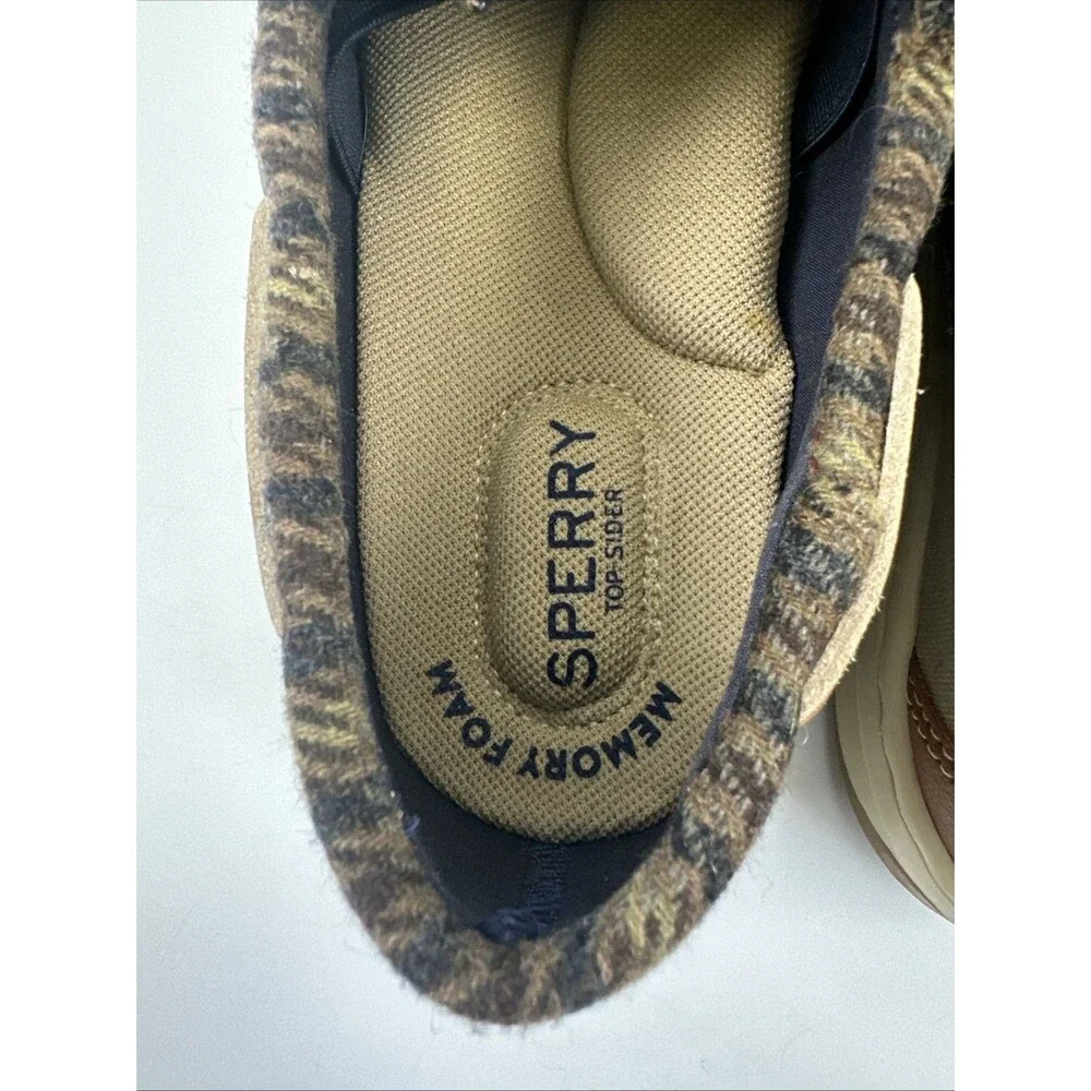 Sperry Boat Shoe Flat Loafer Brown Pebbled Leather Plaid Memory Foam Womens 8.5